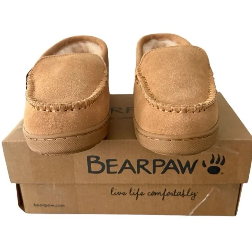 BEARPAW Jamie Youth Moccasin Loafers Suede Wool Lined Iced Coffee Size 4 NIB